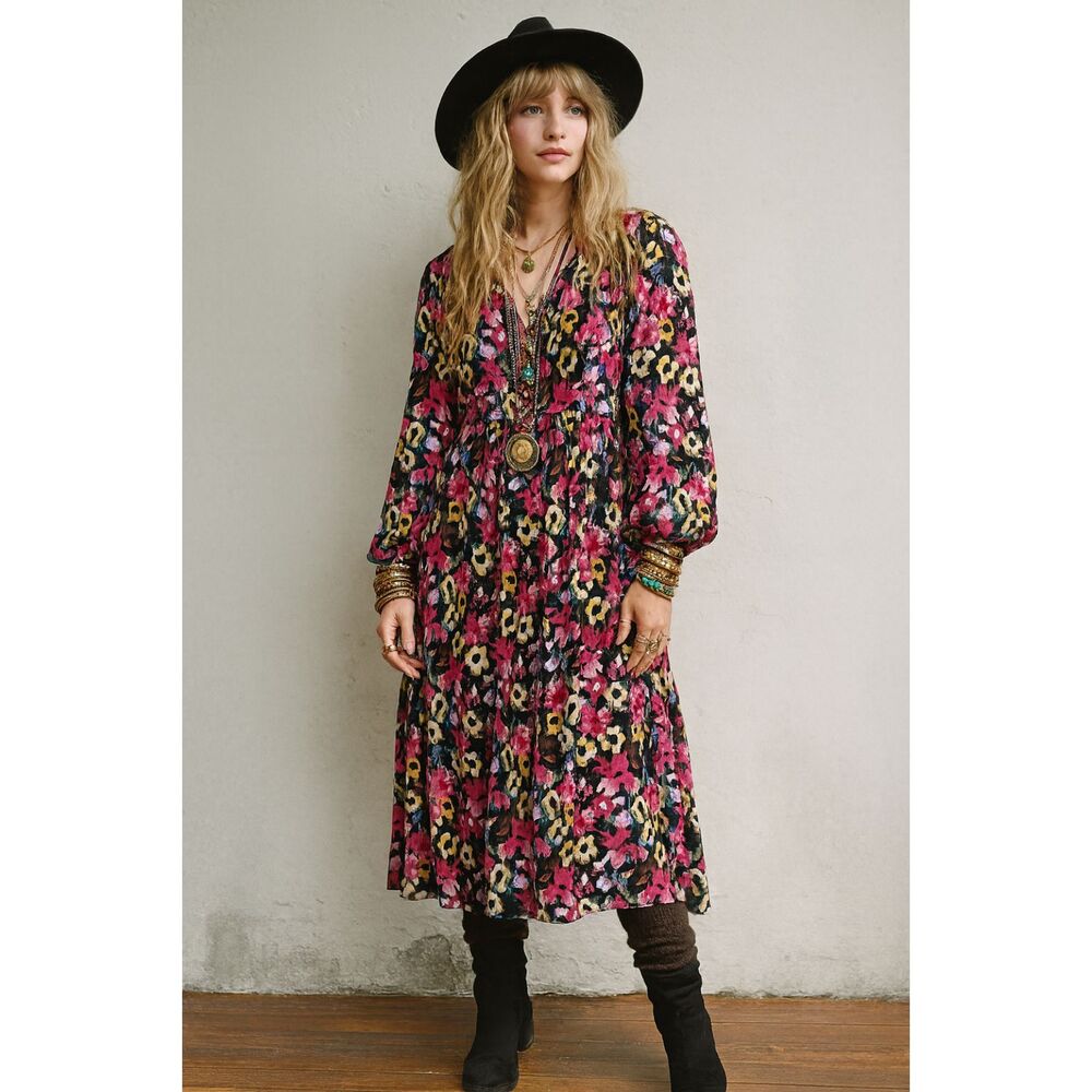 Umgee NWT Boutique Gypsy Boho Floral Impressionist Paint Dress S M L